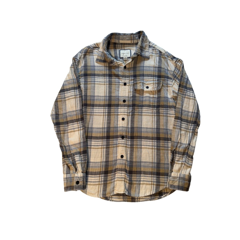 American Eagle Super Soft Flannel Shirt Mens Small Tan Blue Plaid Button Down
